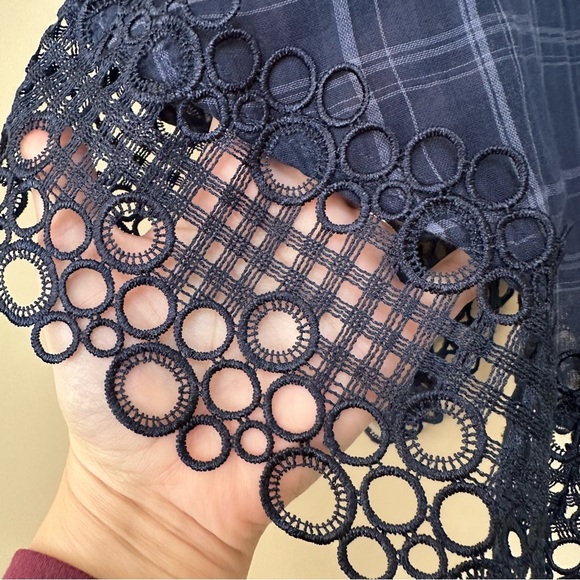 Anthropologie’s Akemi Kin Sz 2 Cottagecore Dress Navy Blue Plaid Codie Lace - Picture 9 of 16